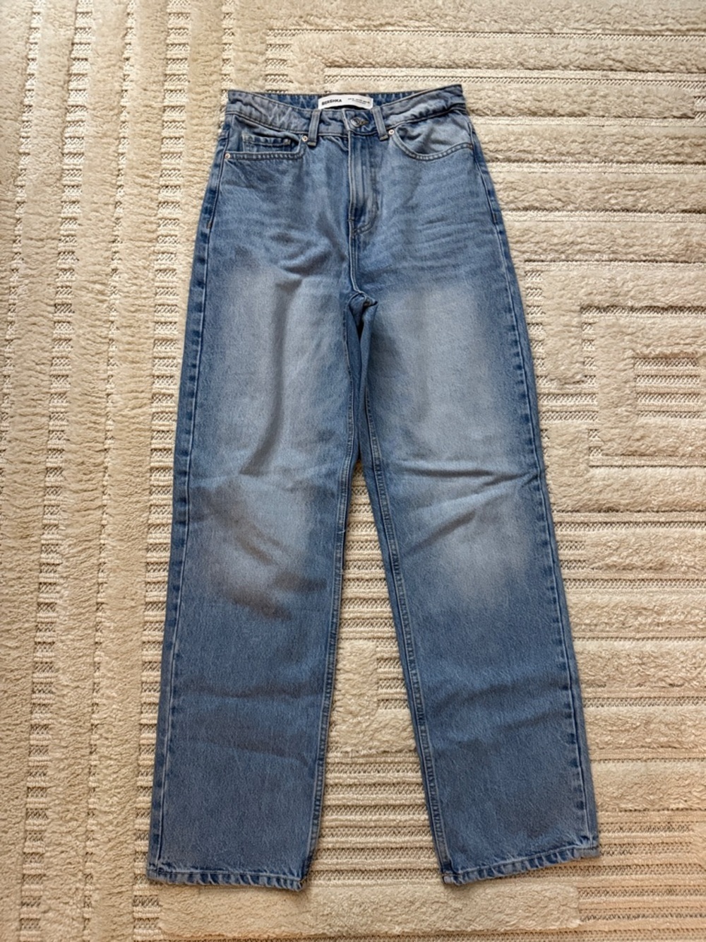 Bershka High Rise Straight Leg Jeans - Light Blue